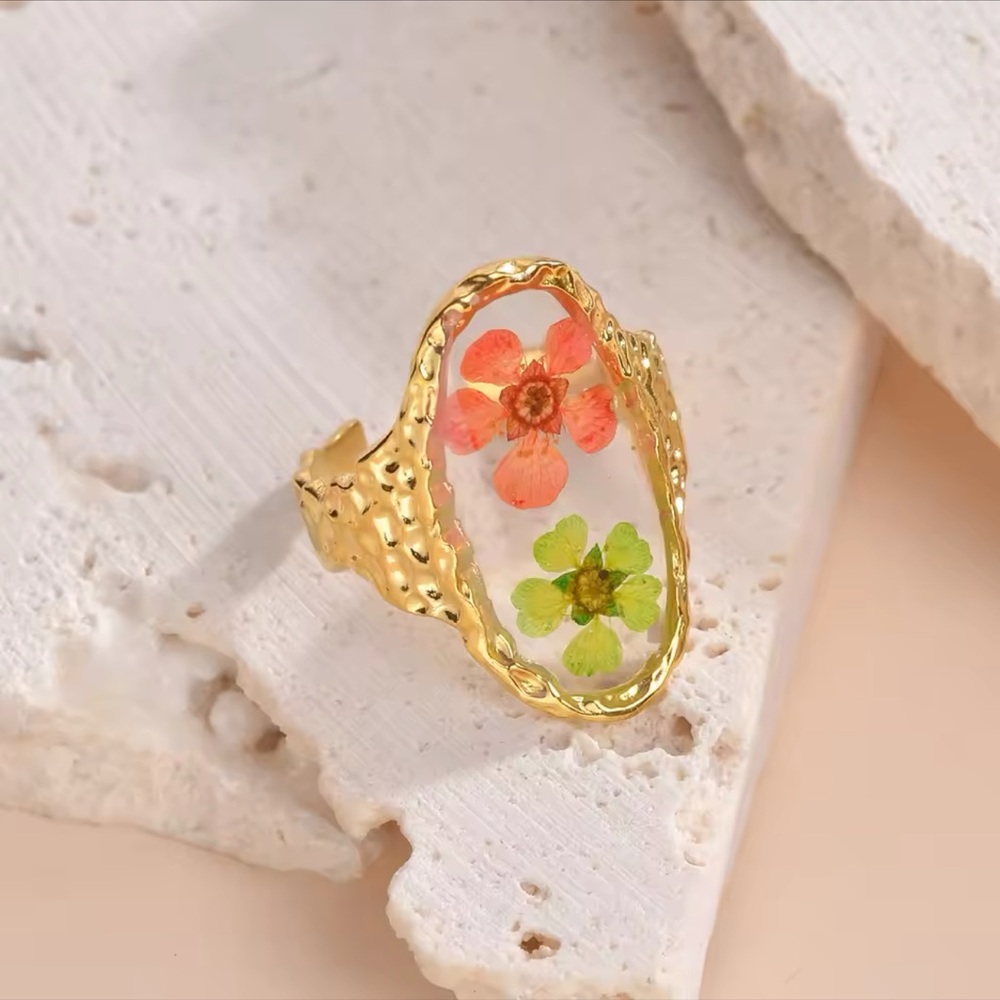 ◾️18k Gold Plated Oval Eternal Plum Flower Open Ring